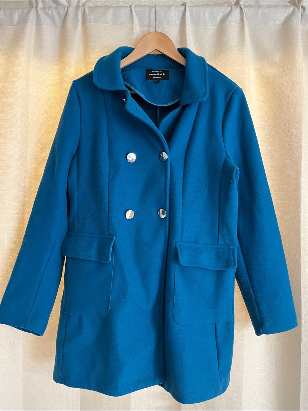 Haute Monde Teal Double-Breasted Pea Coat with Silver Buttons